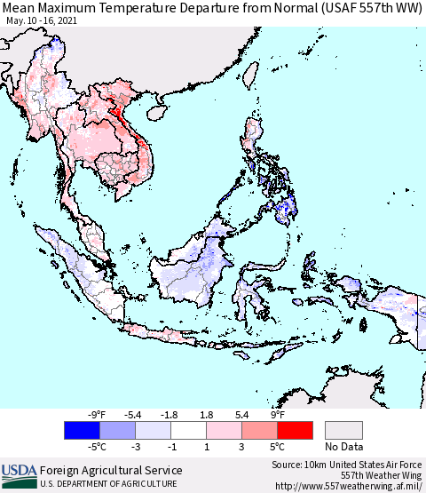 South East Asia Mean Maximum Temperature Departure from Normal (USAF 557th WW) Thematic Map For 5/10/2021 - 5/16/2021