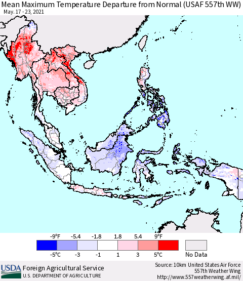 South East Asia Mean Maximum Temperature Departure from Normal (USAF 557th WW) Thematic Map For 5/17/2021 - 5/23/2021