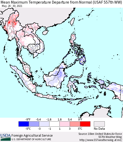 South East Asia Mean Maximum Temperature Departure from Normal (USAF 557th WW) Thematic Map For 5/24/2021 - 5/30/2021