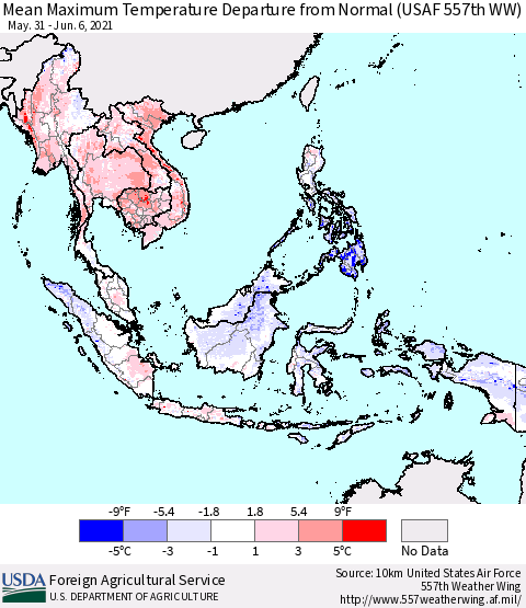 South East Asia Mean Maximum Temperature Departure from Normal (USAF 557th WW) Thematic Map For 5/31/2021 - 6/6/2021