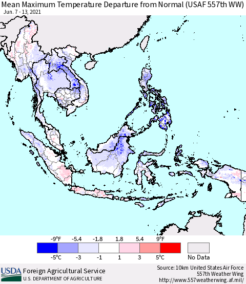 South East Asia Mean Maximum Temperature Departure from Normal (USAF 557th WW) Thematic Map For 6/7/2021 - 6/13/2021