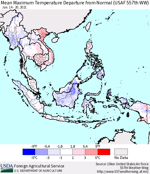 South East Asia Mean Maximum Temperature Departure from Normal (USAF 557th WW) Thematic Map For 6/14/2021 - 6/20/2021