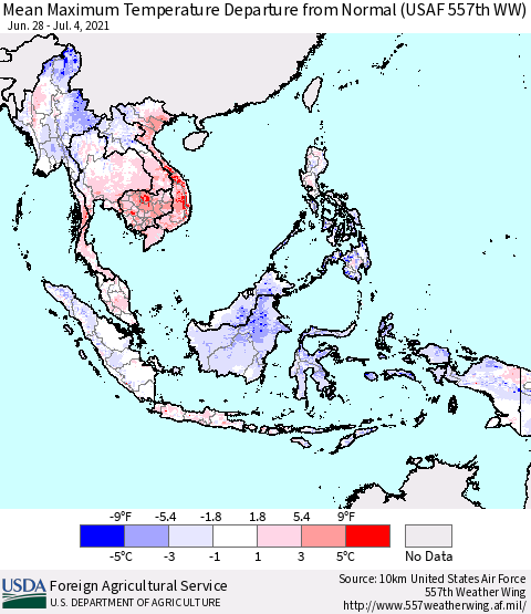 South East Asia Mean Maximum Temperature Departure from Normal (USAF 557th WW) Thematic Map For 6/28/2021 - 7/4/2021