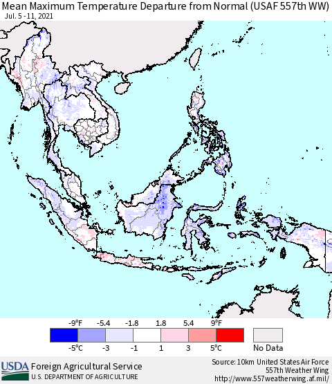 South East Asia Mean Maximum Temperature Departure from Normal (USAF 557th WW) Thematic Map For 7/5/2021 - 7/11/2021