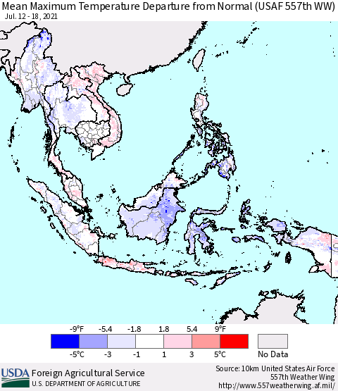 South East Asia Mean Maximum Temperature Departure from Normal (USAF 557th WW) Thematic Map For 7/12/2021 - 7/18/2021
