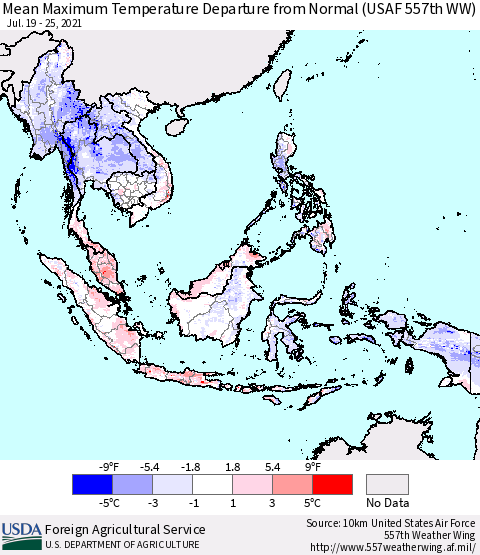 South East Asia Mean Maximum Temperature Departure from Normal (USAF 557th WW) Thematic Map For 7/19/2021 - 7/25/2021