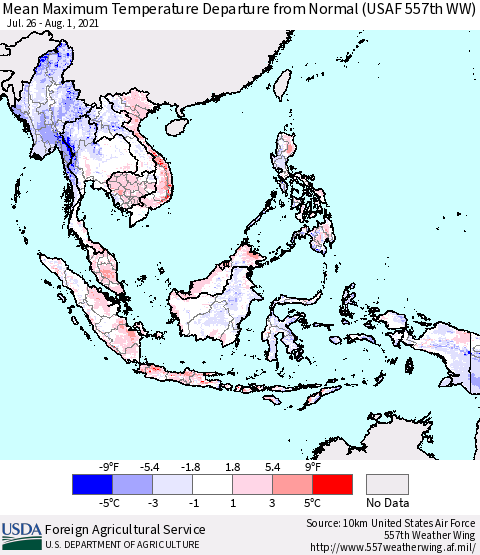 South East Asia Mean Maximum Temperature Departure from Normal (USAF 557th WW) Thematic Map For 7/26/2021 - 8/1/2021