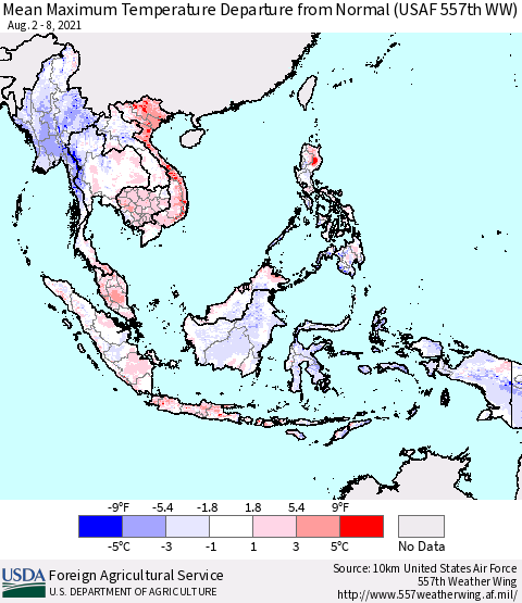South East Asia Mean Maximum Temperature Departure from Normal (USAF 557th WW) Thematic Map For 8/2/2021 - 8/8/2021