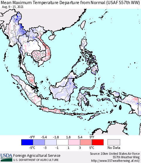South East Asia Mean Maximum Temperature Departure from Normal (USAF 557th WW) Thematic Map For 8/9/2021 - 8/15/2021