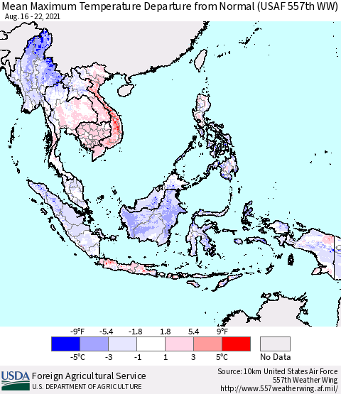 South East Asia Mean Maximum Temperature Departure from Normal (USAF 557th WW) Thematic Map For 8/16/2021 - 8/22/2021