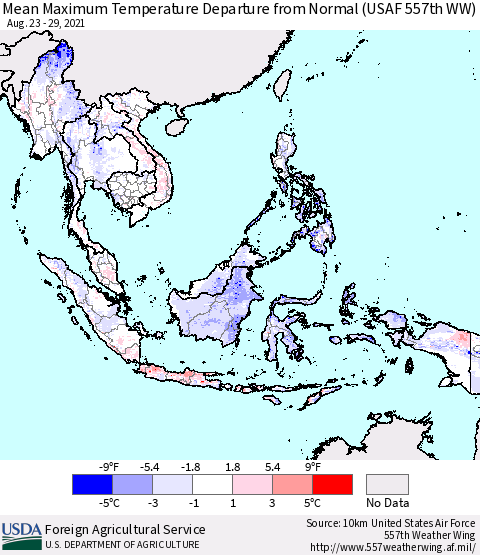 South East Asia Mean Maximum Temperature Departure from Normal (USAF 557th WW) Thematic Map For 8/23/2021 - 8/29/2021
