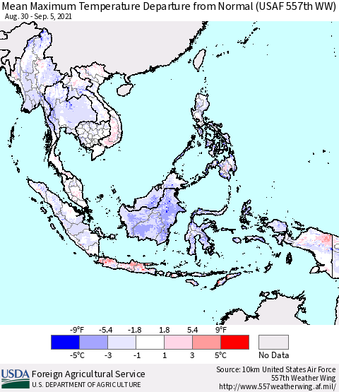 South East Asia Mean Maximum Temperature Departure from Normal (USAF 557th WW) Thematic Map For 8/30/2021 - 9/5/2021