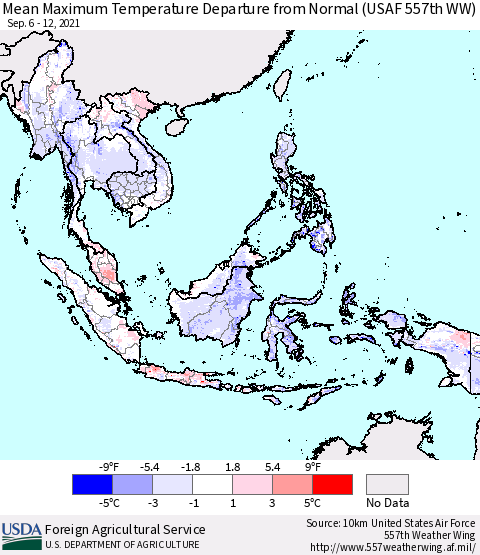 South East Asia Mean Maximum Temperature Departure from Normal (USAF 557th WW) Thematic Map For 9/6/2021 - 9/12/2021