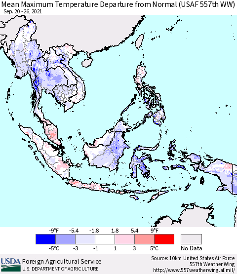 South East Asia Mean Maximum Temperature Departure from Normal (USAF 557th WW) Thematic Map For 9/20/2021 - 9/26/2021