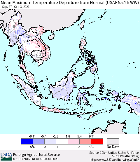 South East Asia Mean Maximum Temperature Departure from Normal (USAF 557th WW) Thematic Map For 9/27/2021 - 10/3/2021