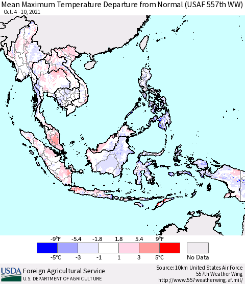 South East Asia Mean Maximum Temperature Departure from Normal (USAF 557th WW) Thematic Map For 10/4/2021 - 10/10/2021
