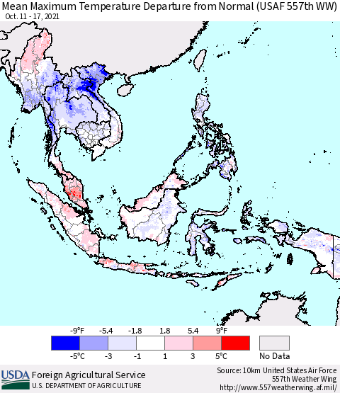 South East Asia Mean Maximum Temperature Departure from Normal (USAF 557th WW) Thematic Map For 10/11/2021 - 10/17/2021
