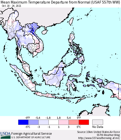 South East Asia Mean Maximum Temperature Departure from Normal (USAF 557th WW) Thematic Map For 10/18/2021 - 10/24/2021