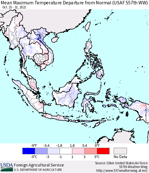 South East Asia Mean Maximum Temperature Departure from Normal (USAF 557th WW) Thematic Map For 10/25/2021 - 10/31/2021