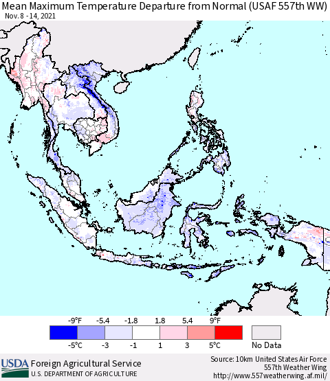 South East Asia Mean Maximum Temperature Departure from Normal (USAF 557th WW) Thematic Map For 11/8/2021 - 11/14/2021
