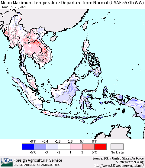 South East Asia Mean Maximum Temperature Departure from Normal (USAF 557th WW) Thematic Map For 11/15/2021 - 11/21/2021
