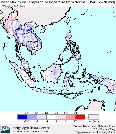 South East Asia Mean Maximum Temperature Departure from Normal (USAF 557th WW) Thematic Map For 11/29/2021 - 12/5/2021