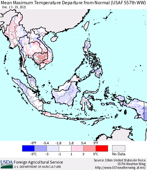 South East Asia Mean Maximum Temperature Departure from Normal (USAF 557th WW) Thematic Map For 12/13/2021 - 12/19/2021