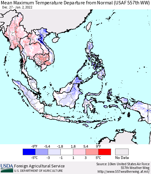 South East Asia Mean Maximum Temperature Departure from Normal (USAF 557th WW) Thematic Map For 12/27/2021 - 1/2/2022