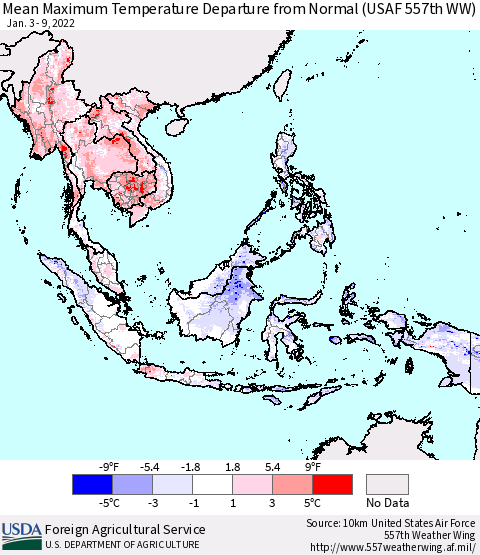 South East Asia Mean Maximum Temperature Departure from Normal (USAF 557th WW) Thematic Map For 1/3/2022 - 1/9/2022