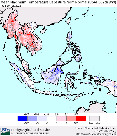 South East Asia Mean Maximum Temperature Departure from Normal (USAF 557th WW) Thematic Map For 1/10/2022 - 1/16/2022
