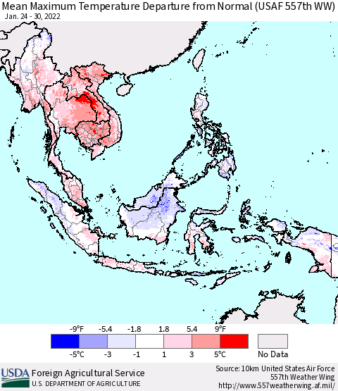 South East Asia Mean Maximum Temperature Departure from Normal (USAF 557th WW) Thematic Map For 1/24/2022 - 1/30/2022