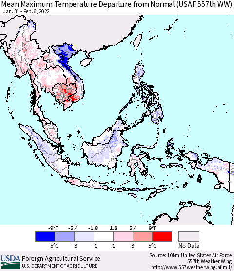 South East Asia Mean Maximum Temperature Departure from Normal (USAF 557th WW) Thematic Map For 1/31/2022 - 2/6/2022
