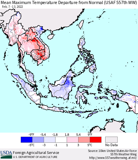 South East Asia Mean Maximum Temperature Departure from Normal (USAF 557th WW) Thematic Map For 2/7/2022 - 2/13/2022