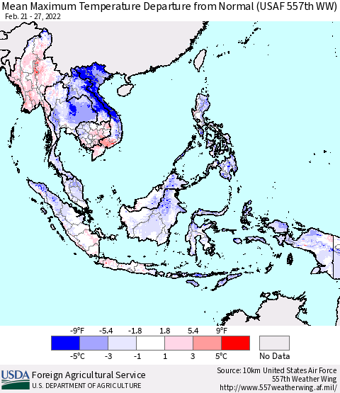 South East Asia Mean Maximum Temperature Departure from Normal (USAF 557th WW) Thematic Map For 2/21/2022 - 2/27/2022