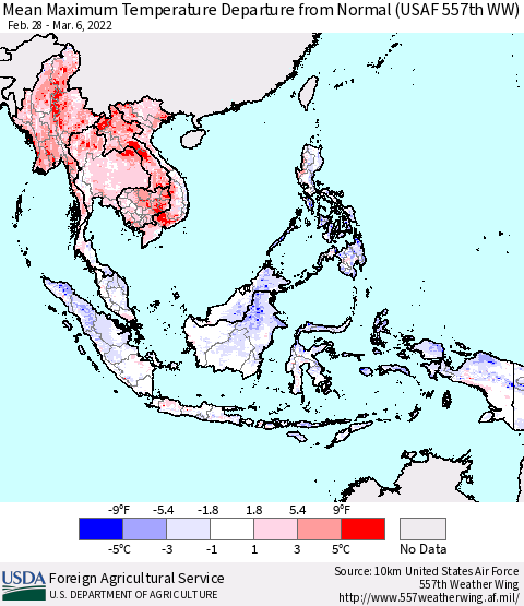 South East Asia Mean Maximum Temperature Departure from Normal (USAF 557th WW) Thematic Map For 2/28/2022 - 3/6/2022