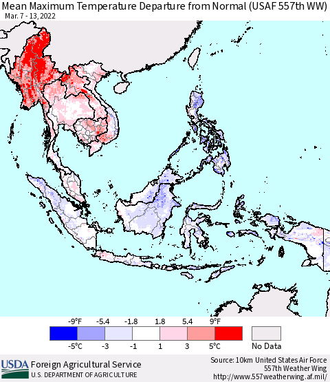 South East Asia Mean Maximum Temperature Departure from Normal (USAF 557th WW) Thematic Map For 3/7/2022 - 3/13/2022