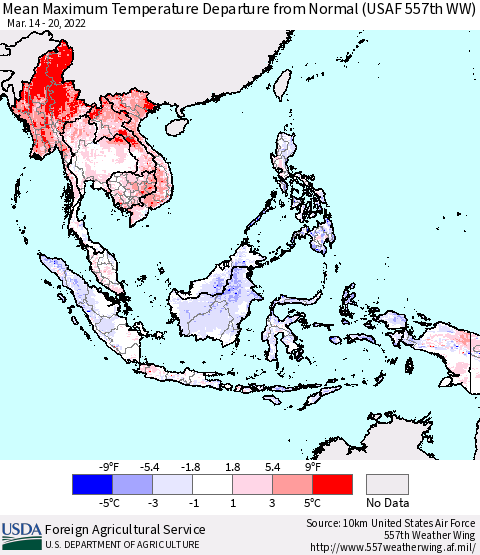 South East Asia Mean Maximum Temperature Departure from Normal (USAF 557th WW) Thematic Map For 3/14/2022 - 3/20/2022