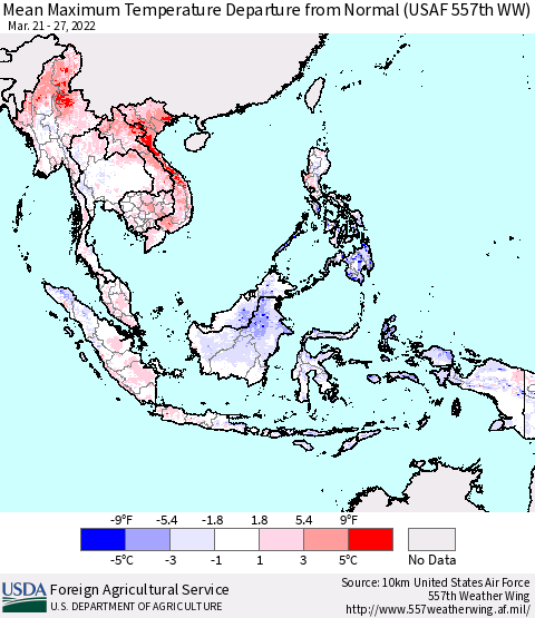 South East Asia Mean Maximum Temperature Departure from Normal (USAF 557th WW) Thematic Map For 3/21/2022 - 3/27/2022