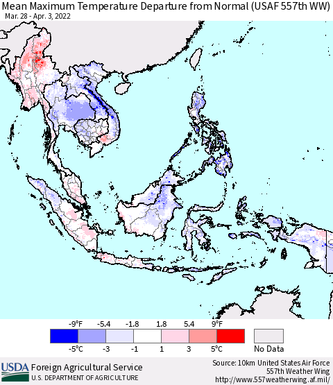 South East Asia Mean Maximum Temperature Departure from Normal (USAF 557th WW) Thematic Map For 3/28/2022 - 4/3/2022