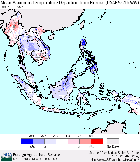 South East Asia Mean Maximum Temperature Departure from Normal (USAF 557th WW) Thematic Map For 4/4/2022 - 4/10/2022