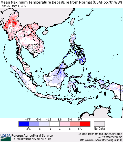 South East Asia Mean Maximum Temperature Departure from Normal (USAF 557th WW) Thematic Map For 4/25/2022 - 5/1/2022