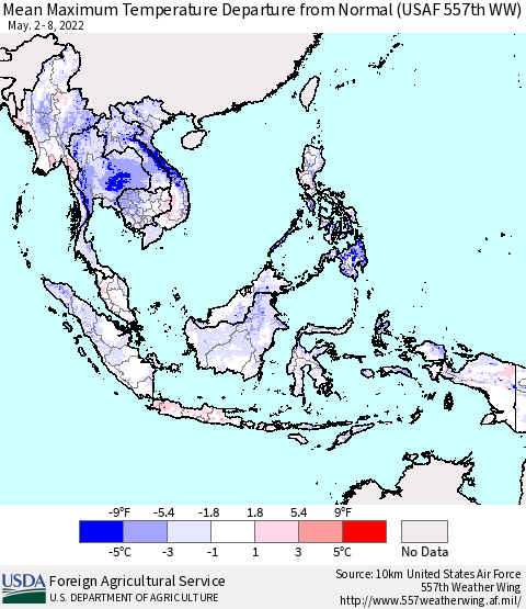 South East Asia Mean Maximum Temperature Departure from Normal (USAF 557th WW) Thematic Map For 5/2/2022 - 5/8/2022