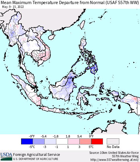South East Asia Mean Maximum Temperature Departure from Normal (USAF 557th WW) Thematic Map For 5/9/2022 - 5/15/2022