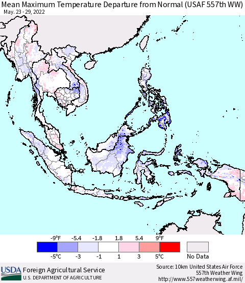South East Asia Mean Maximum Temperature Departure from Normal (USAF 557th WW) Thematic Map For 5/23/2022 - 5/29/2022