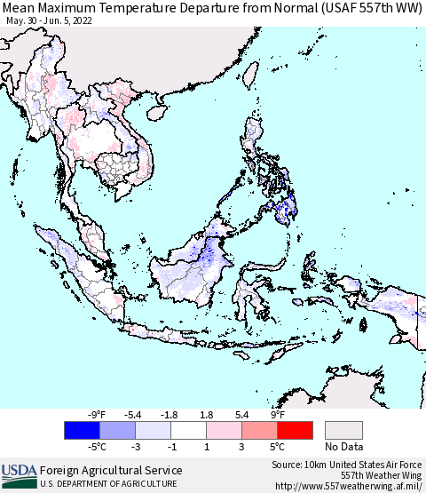 South East Asia Mean Maximum Temperature Departure from Normal (USAF 557th WW) Thematic Map For 5/30/2022 - 6/5/2022