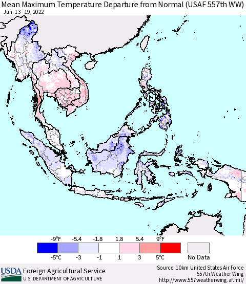 South East Asia Mean Maximum Temperature Departure from Normal (USAF 557th WW) Thematic Map For 6/13/2022 - 6/19/2022