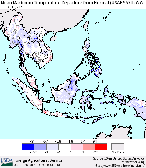 South East Asia Mean Maximum Temperature Departure from Normal (USAF 557th WW) Thematic Map For 7/4/2022 - 7/10/2022