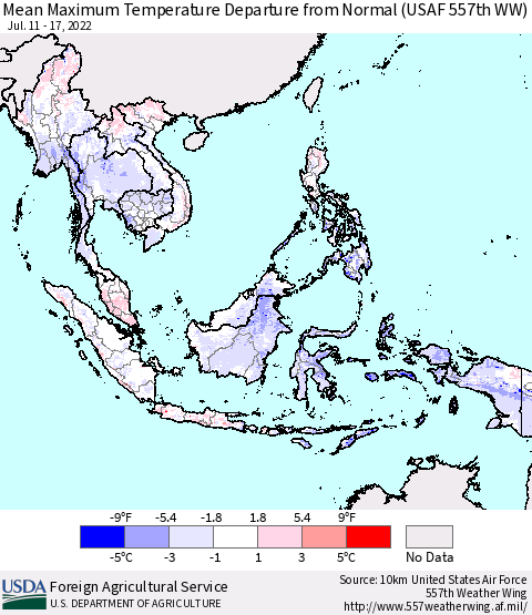 South East Asia Mean Maximum Temperature Departure from Normal (USAF 557th WW) Thematic Map For 7/11/2022 - 7/17/2022
