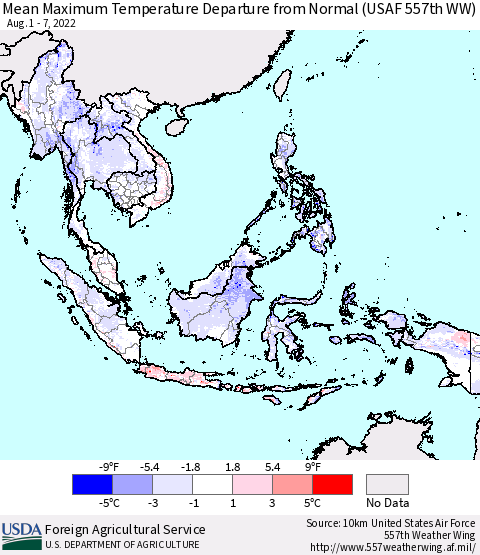 South East Asia Mean Maximum Temperature Departure from Normal (USAF 557th WW) Thematic Map For 8/1/2022 - 8/7/2022