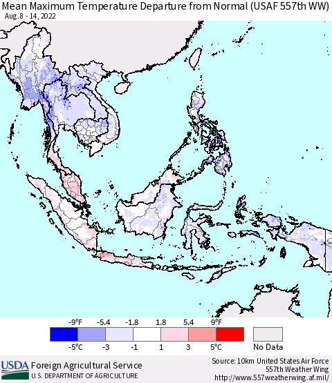 South East Asia Mean Maximum Temperature Departure from Normal (USAF 557th WW) Thematic Map For 8/8/2022 - 8/14/2022